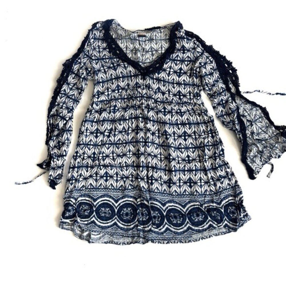 Roxy Blue & White Patterned Printed Tie Sleeve Dress - XS